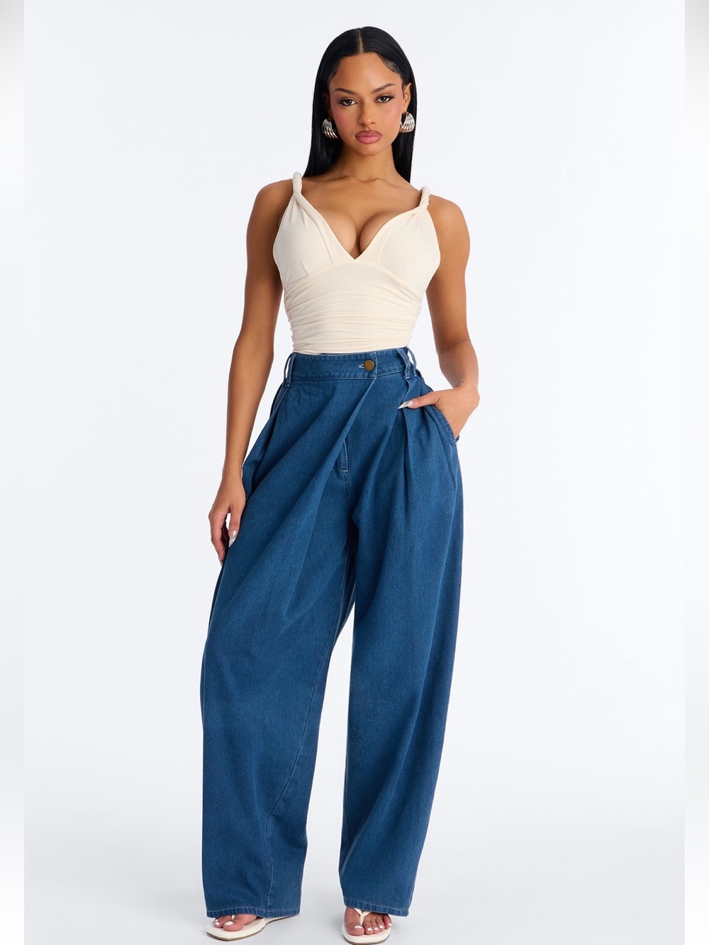 CPH Crossover Pleated Drapey Jeans - Medium Wash